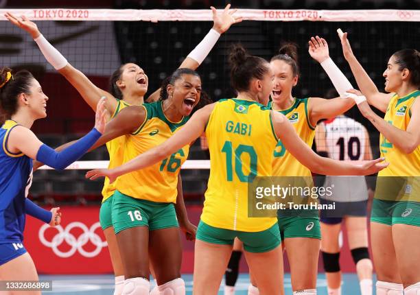 Fernanda Rodrigues of Team Brazil reacts with team mates after defeating Team South Korea during the Women's Semifinals on day fourteen of the Tokyo...
