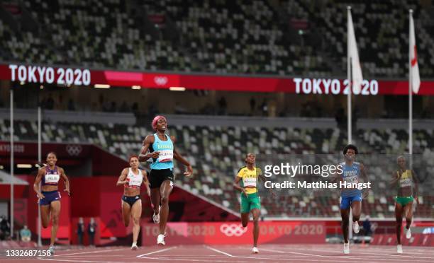 Shaunae Miller-Uibo of Team Bahamas wins the gold medal during the Women's 400 metres final on day fourteen of the Tokyo 2020 Olympic Games at...