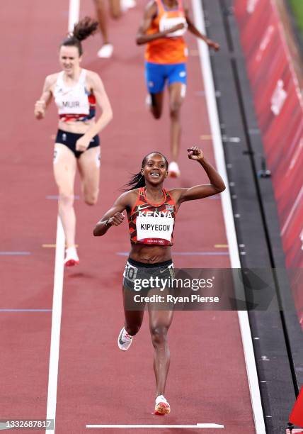 Faith Kipyegon of Team Kenya reacts after winning the gold medal during the Women's 1500 metres final on day fourteen of the Tokyo 2020 Olympic Games...