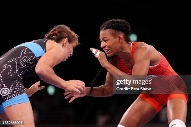 Jacarra Gwenisha Winchester of Team United States competes against Vanesa Kaladzinskaya of Team Belarus during the Women’s Freestyle 53kg Bronze...