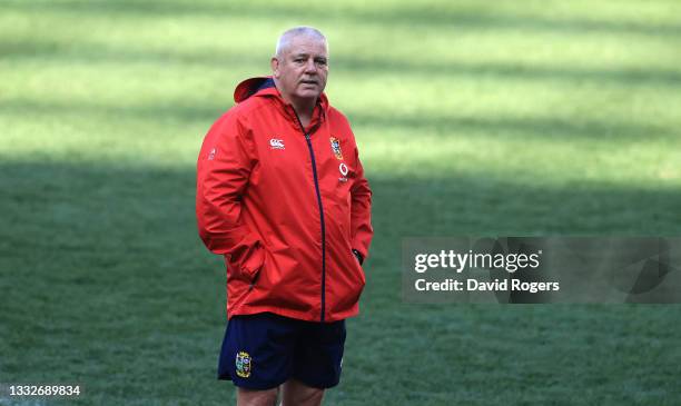 Warren Gatland, the head coach of the Lions looks on during the British & Irish Lions captain's run at Cape Town Stadium on August 06, 2021 in Cape...