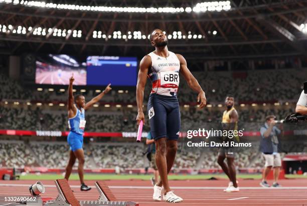 Nethaneel Mitchell-Blake of Team Great Britain reacts after winning the silver medal in the Men's 4 x 100m Relay Final on day fourteen of the Tokyo...