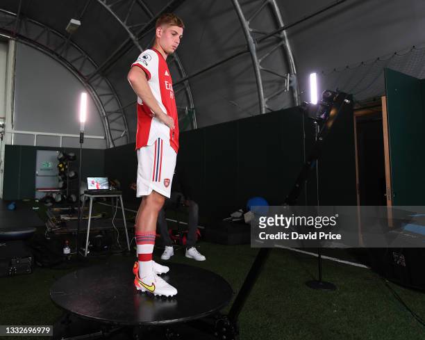 Emile Smith Rowe of Arsenal during the Arsenal 1st team photocall at London Colney on August 06, 2021 in St Albans, England.