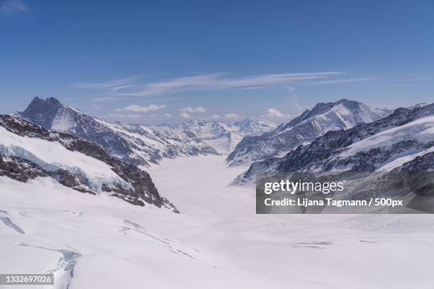 scenic view of snowcapped mountains against sky,jungfraujoch,lauterbrunnen,switzerland - jungfraujoch stockfoto's en -beelden