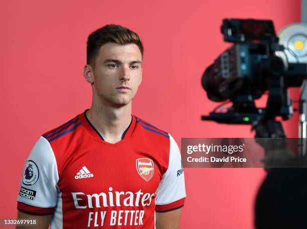 Kieran Tierney of Arsenal during the Arsenal 1st team photocall at London Colney on August 06, 2021 in St Albans, England.