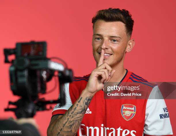 Ben White of Arsenal during the Arsenal 1st team photocall at London Colney on August 06, 2021 in St Albans, England.