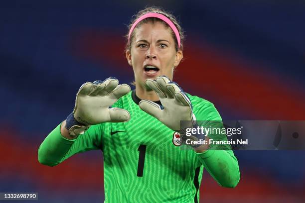 Stephanie Labbe of Team Canada reacts during the penalty shoot out during the Women's Gold Medal Match between Canada and Sweden on day fourteen of...