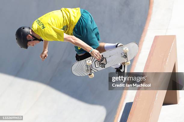 Kieran woolley of Australia competes during the Men's Skateboarding Park Preliminary Heat 1 on day thirteen of the Tokyo 2020 Olympic Games at Ariake...