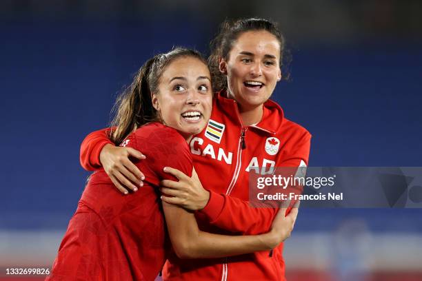 Julia Grosso and Evelyne Viens of Team Canada celebrate following their team's victory in the penalty shoot out in the Women's Gold Medal Match...