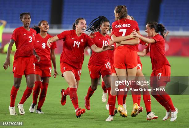 Julia Grosso of Team Canada celebrates with Vanessa Gilles, Ashley Lawrence, Jordyn Huitema and teammates after scoring the winning penalty in the...