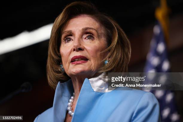 House Speaker Nancy Pelosi speaks at her weekly news conference at the Capitol building on August 06, 2021 in Washington, DC. Speaker Pelosi...