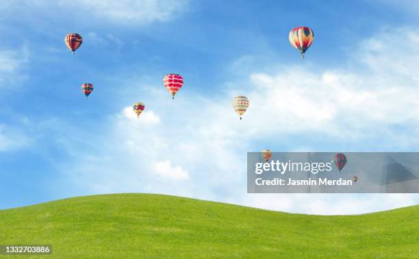 colourful hot air balloons flying over green meadow - russia travel stock pictures, royalty-free photos & images