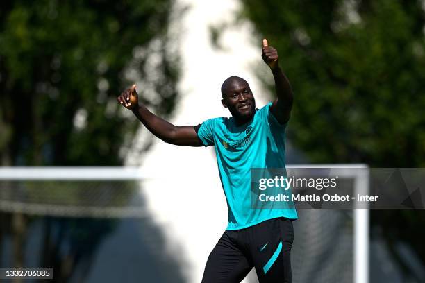 Romelu Lukaku of FC Internazionale smile during the FC Internazionale training session at the club's training ground Suning Training Center at...