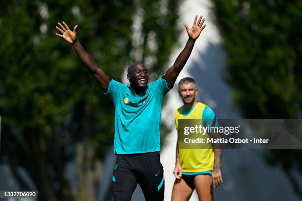 Romelu Lukaku of FC Internazionale smile during the FC Internazionale training session at the club's training ground Suning Training Center at...