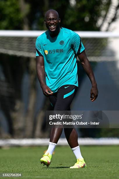 Romelu Lukaku of FC Internazionale smile during the FC Internazionale training session at the club's training ground Suning Training Center at...