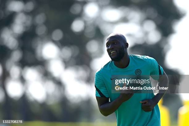 Romelu Lukaku of FC Internazionale looks on during the FC Internazionale training session at the club's training ground Suning Training Center at...