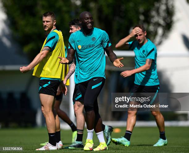 Romelu Lukaku of FC Internazionale smile during the FC Internazionale training session at the club's training ground Suning Training Center at...