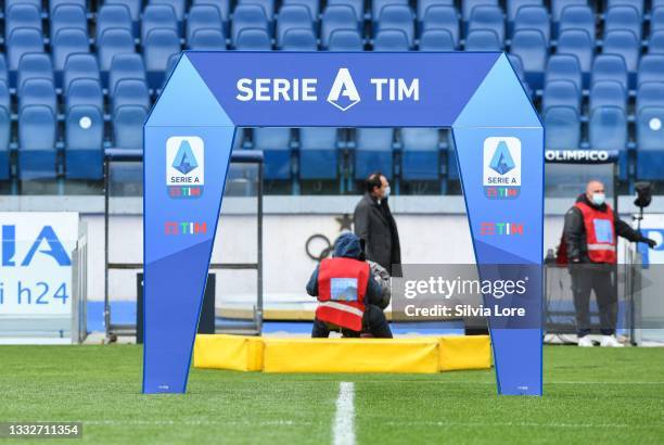 The logo of the Serie A before the Serie A match between SS Lazio and Benevento Calcio at Stadio Olimpico on April 18, 2021 in Rome, Italy. Sporting...