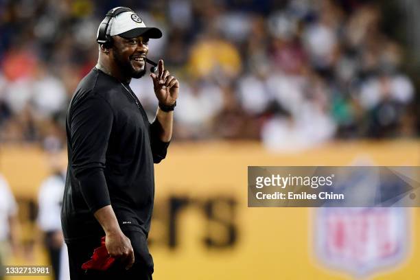 Pittsburgh Steelers head coach Mike Tomlin smiles in the first half during the 2021 NFL preseason Hall of Fame Game against the Dallas Cowboys at Tom...