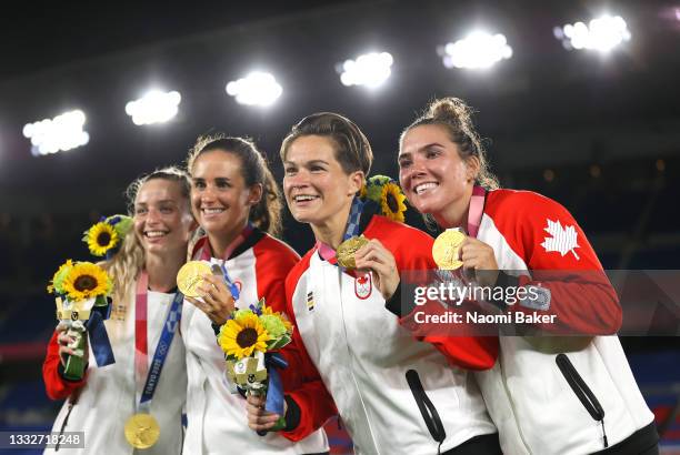 Gold medalists Evelyne Viens and Vanessa Gilles of Team Canada pose with their medals during the Women's Football Competition Medal Ceremony on day...