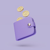 Wallet with coins icon. 3d simple render illustration on pastel background.