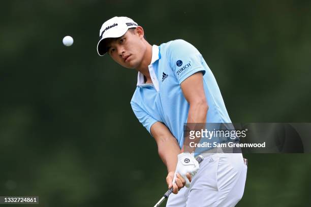 Collin Morikawa plays his shot on the fourth hole during the second round of the FedEx St. Jude Invitational at TPC Southwind on August 06, 2021 in...
