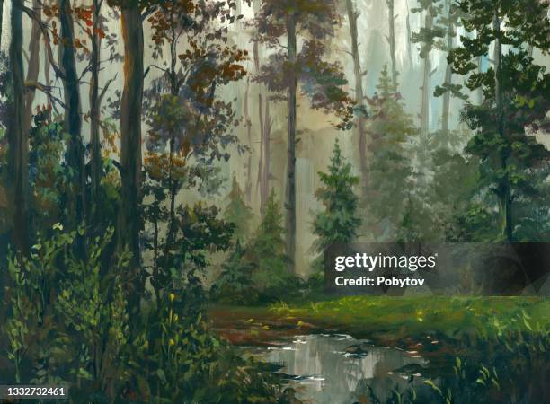 ilustrações de stock, clip art, desenhos animados e ícones de road in coniferous forest, oil painting - mata