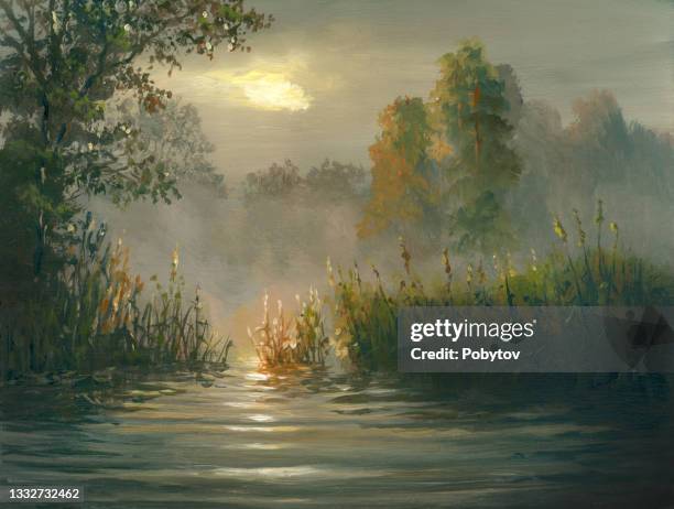 bildbanksillustrationer, clip art samt tecknat material och ikoner med summer sunset on the river, oil painting - målarduk