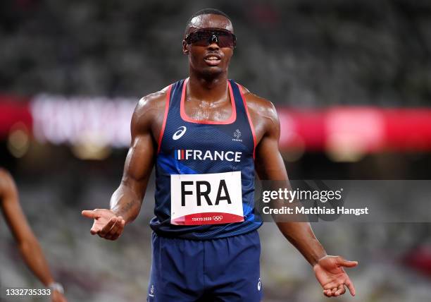 Thomas Jordier of Team France competes in the Men's 4x400 metres relay heat on day fourteen of the Tokyo 2020 Olympic Games at Olympic Stadium on...