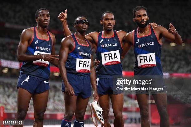 Members of Team France compete in the Men's 4x400 metres relay heat on day fourteen of the Tokyo 2020 Olympic Games at Olympic Stadium on August 06,...