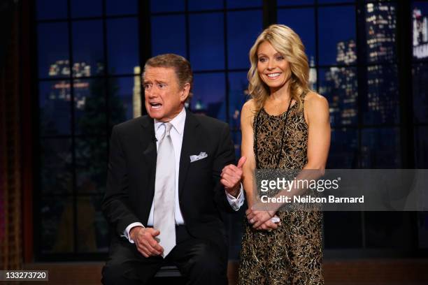 Regis Philbin and Kelly Ripa on set during Regis Philbin's Final Show of "Live! with Regis & Kelly" at the Live with Regis & Kelly Studio on November...