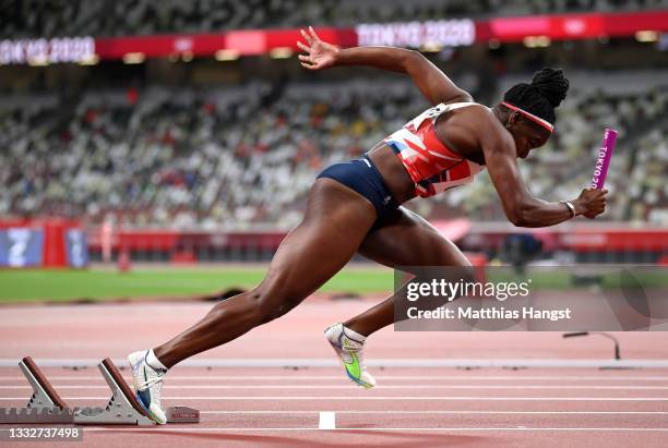 Asha Philip of Team Great Britain takes off to start the Women's 4 x 100m Relay Final on day fourteen of the Tokyo 2020 Olympic Games at Olympic...