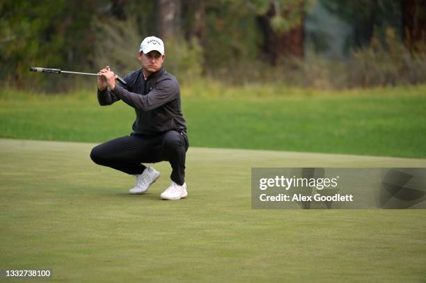 Emiliano Grillo of Argentina reacts on the 12th green during the second round of the Barracuda Championship at Tahoe Mountain Club's Old Greenwood...