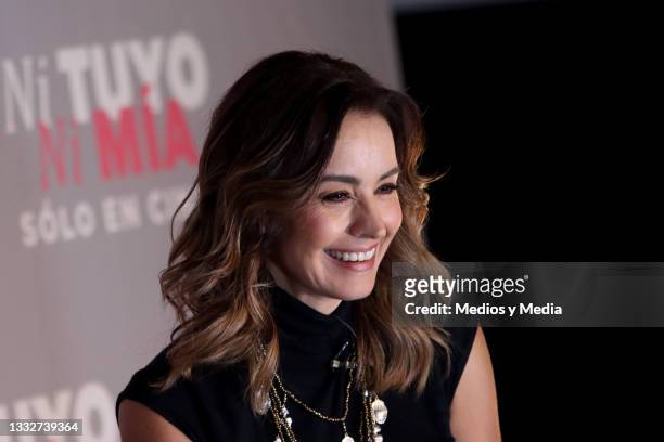 Alejandra Barros laughs during a press conference for the movie "Ni Tuyo Ni Mia" at Cinepolis Arcos Bosques on August 6, 2021 in Mexico City, Mexico.