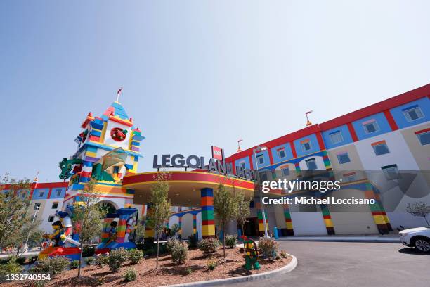 View from the parking lot of the front entrance to the LEGOLAND New York Hotel during its grand opening at the LEGOLAND Resort on August 06, 2021 in...