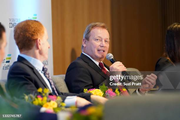 President and CEO of Norwegian Cruise Line Harry Sommer and Executive Director of the Port of Seattle Stephen Metruck speak onstage at the Norwegian...