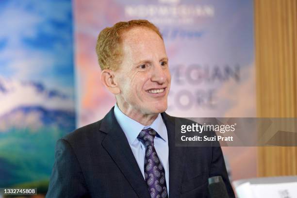 President and CEO of Norwegian Cruise Line Harry Sommer speaks at the Norwegian Cruise Line’s Great Cruise Comeback Press Panel on August 06, 2021 in...