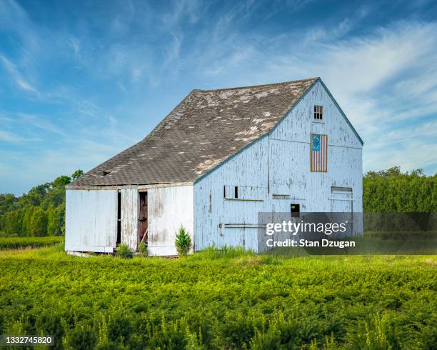 vintage weathered barn with american flag near laurel, long island ny - laurel house foto e immagini stock