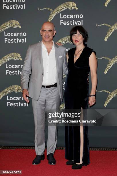 Federal Councillor of the Swiss Confederation, Alain Berset and Muriel Zeender Berset attend the red carpet during the 74th Locarno Film Festival on...
