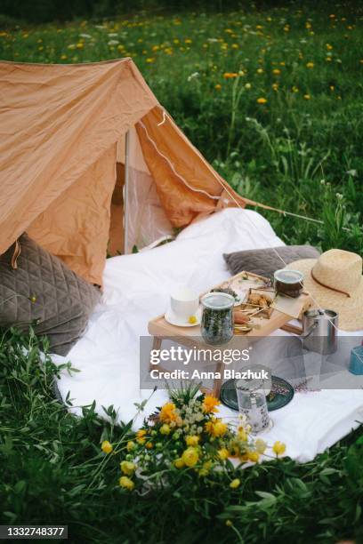 summer picnic and camping stuff and equipment in the summer. white blanket, cups, tea in jar and food. green grass, straw hat and tent. - boho stock-fotos und bilder