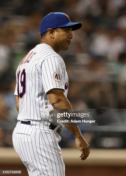 Luis Rojas of the New York Mets walks to the pitchers mound during the eighth inning against the Atlanta Braves at Citi Field on July 28, 2021 in New...