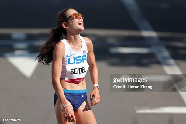 Molly Seidel of Team United States reacts after winning the bronze medal in the Women's Marathon Final on day fifteen of the Tokyo 2020 Olympic Games...