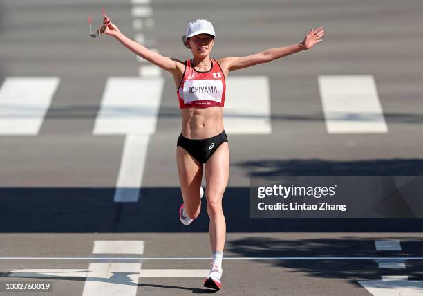 Mao Ichiyama of Team Japan crosses the finish line in the Women's Marathon Final on day fifteen of the Tokyo 2020 Olympic Games at Sapporo Odori Park...