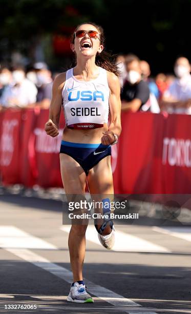 Molly Seidel of Team United States crosses the finish line to win the bronze medal in the Women's Marathon Final on day fifteen of the Tokyo 2020...