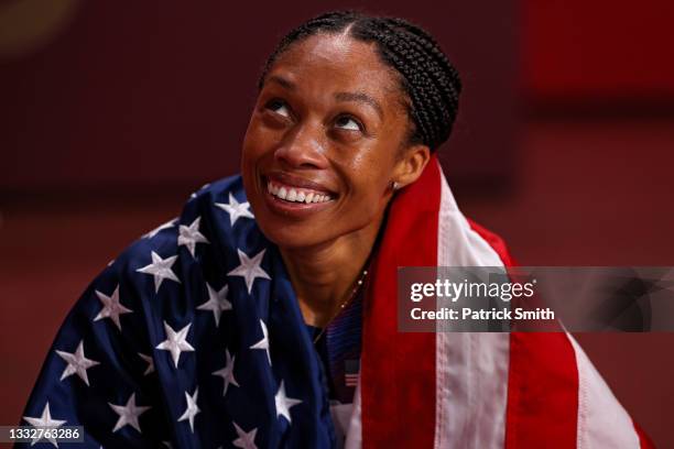 Bronze medalist Allyson Felix of Team USA celebrates after placing third in the Women's 400m on day fourteen of the Tokyo 2020 Olympic Games at...