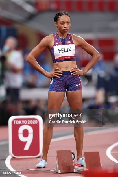 Allyson Felix of Team USA prepares to race in the Women's 400m on day fourteen of the Tokyo 2020 Olympic Games at Olympic Stadium on August 6, 2021...