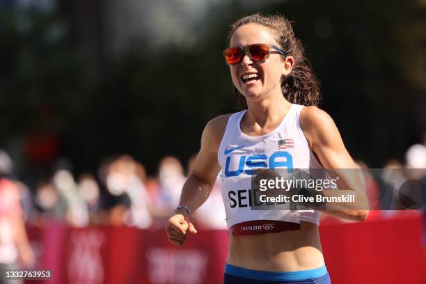 Molly Seidel of Team United States reacts after winning the bronze medal in the Women's Marathon Final on day fifteen of the Tokyo 2020 Olympic Games...