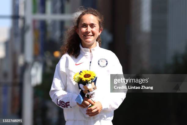 Bronze medalist Molly Seidel of Team United States poses for a photo during the flower ceremony for the Women's Marathon Final on day fifteen of the...