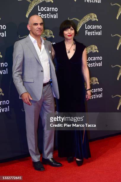 Federal Councillor of the Swiss Confederation, Alain Berset and Muriel Zeender Berset attend a red carpet during the 74th Locarno Film Festival on...