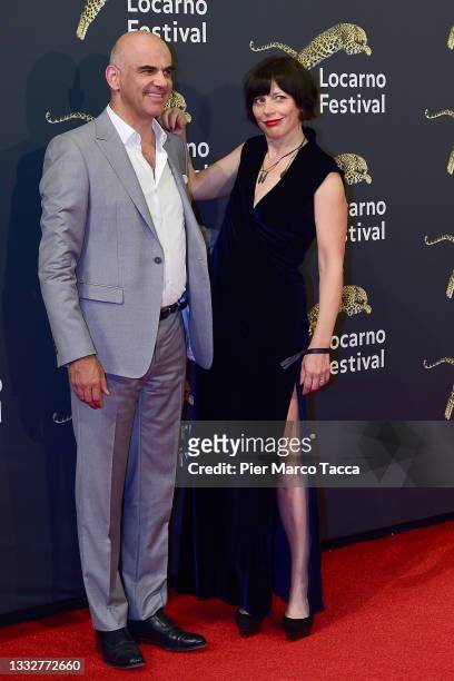 Federal Councillor of the Swiss Confederation, Alain Berset and Muriel Zeender Berset attend a red carpet during the 74th Locarno Film Festival on...